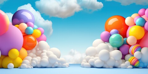 Generative AI, rainbow and colorful balloons. Birthday party 3d background. Mockup, template for greetiing card	

