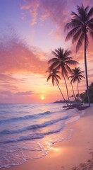 Fototapeta na wymiar sunset on the beach, sunset over the sea, tropical sunset with trees