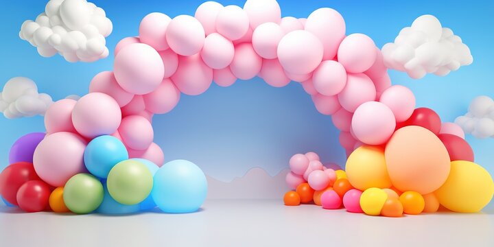 Generative AI, rainbow and colorful balloons. Birthday party 3d background. Mockup, template for greetiing card	
