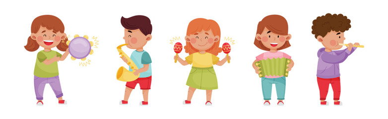 Funny Kid Characters Playing Musical Instruments at Music Lesson Vector Set