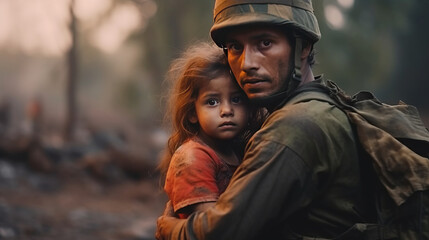 Soldier comforts sad child refugee amid war's destruction. - obrazy, fototapety, plakaty