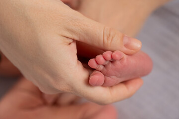 Close-up of woman's hand holding newborn baby's foot. 