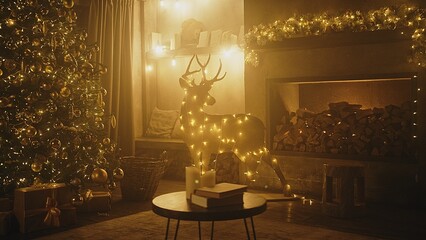 Christmas and New Year interior decoration. Decorated Christmas tree with garlands and balls, boxes, gifts and a deer figurine. Stylish interior of living room with fireplace decorated Christmas tree