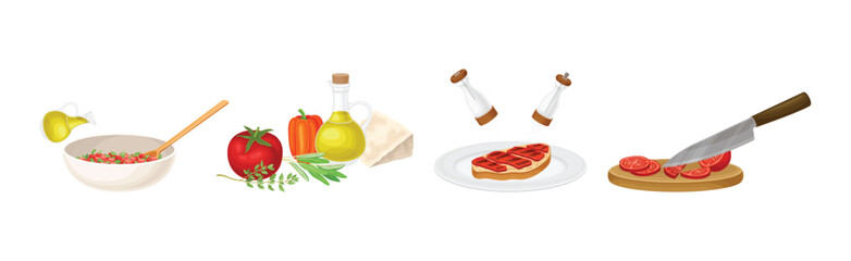 Bruschetta Appetizer Cooking and Preparation Process Vector Set