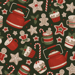 Christmas seamless pattern. Hygge time. Gingerbread cookies, Christmas dessers and drinks. Perfect for wrapping paper, packaging design, seasonal home textile, greeting cards and other printed goods - 660634730