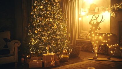 Christmas and New Year interior decoration. Decorated Christmas tree with garlands and balls, boxes, gifts and a deer figurine. Stylish interior of living room with fireplace decorated Christmas tree