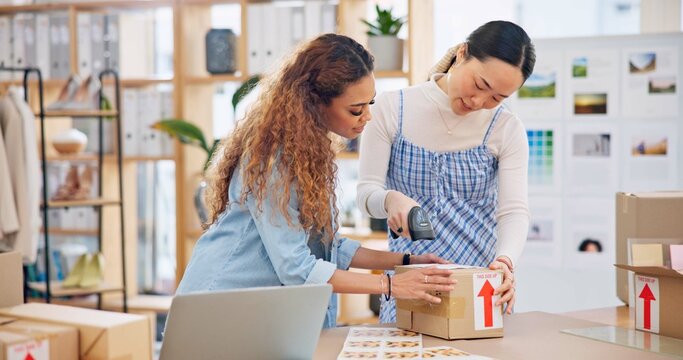 Teamwork, women and barcode reader on box for shipping, stock check and inventory export in fashion store. Scanner, package and delivery of cargo for ecommerce, supply chain and designer on laptop
