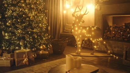 Gifts box with ribbon and bow under Christmas tree at home closeup. Presents container wrapped and decorated on floor in living room. Surprise for family members and Xmas holiday celebration symbol