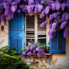 Quaint Window with blue shutters. Wooden paint wall. Generate AI