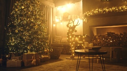 Christmas and New Year interior decoration. Decorated Christmas tree with garlands and balls, boxes, gifts and a deer figurine. Stylish interior of living room with fireplace decorated Christmas tree - Powered by Adobe