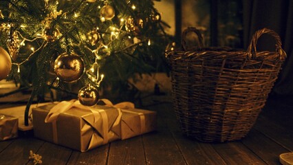 Gifts box with ribbon and bow under Christmas tree at home closeup. Presents container wrapped and...