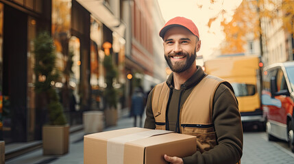 Delivery with smile. Cheerful young courier holding a cardboard box while standing at the entrance of apartment - obrazy, fototapety, plakaty