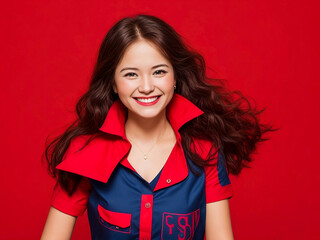 Fototapeta premium Happy young beautiful girl,who is smiling and laughing,red bright clothes with solid red color background, ai generated photo