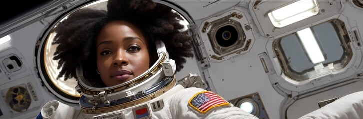 Afro woman astronaut in a space suit aboard the orbital station. A young female cosmonaut pilots a spaceship. Galactic travel and science concept. Banner - obrazy, fototapety, plakaty