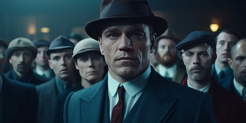 Obraz premium A man in old fashion gangster style surrounded by people.generative ai