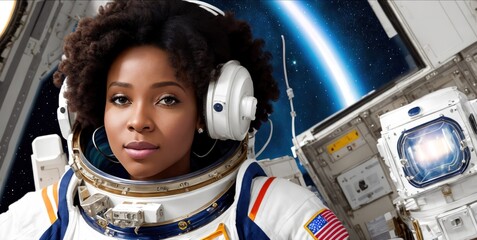 Afro woman astronaut in a space suit aboard the orbital station. A young female cosmonaut pilots a spaceship. Galactic travel and science concept. Banner - Powered by Adobe