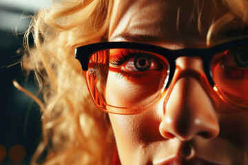 young woman with glasses for vision, close-up, ophthalmology, optics