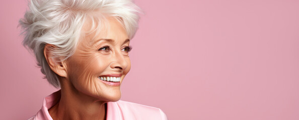 portrait of a positive cheerful senior woman on pink background, banner with copy space