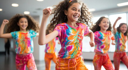 Obraz na płótnie Canvas children in stage outfits rehearse in a dance studio