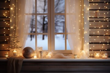 Weihnachtlich geschmücktes Fenster. Zimmer mit Deko zu Weihnachten, wie Lichterketten und Kerzen. Schnee-Dekoration im gemütlichen Wohnzimmer mit Lichtern. - obrazy, fototapety, plakaty