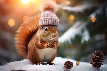 Eichhörnchen mit Kakao und Mütze im Schnee zu Weihnachten. Punsch trinken zur Weihnachtszeit....