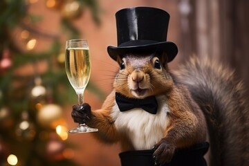Eichhörnchen als Glücksbringer zu Silvester. Hörnchen als Schornsteinfeger mit Sektglas. Ideal als Grußkarte zum Jahreswechsel zum Neujahr. 