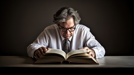 Close-up portrait of a man holding an open book and reading it. The concept of self-development and learning. Relaxing at a favorite activity. Illustration for cover, card, postcard, interior design.