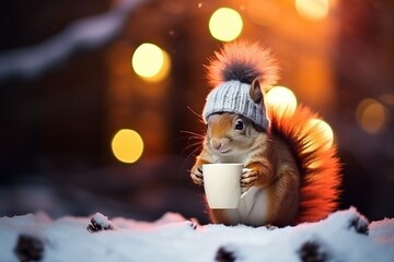 Eichhörnchen mit Kakao und Mütze im Schnee zu Weihnachten. Punsch trinken zur Weihnachtszeit. Tiere mit Mütze im Winter am Weihnachtsmarkt.
