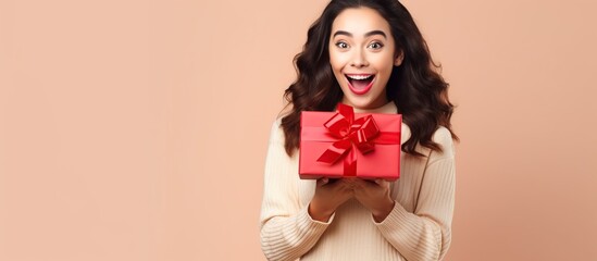 Beautiful happy teenage woman smiling with gift box - obrazy, fototapety, plakaty