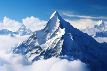 Gipfel über den Wolken im Winter. Spitzer Berggipfel mit Schnee bedeckt in einer Schneelandschaft.   - obrazy, fototapety, plakaty
