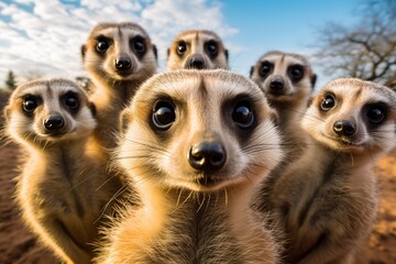 Lustige Erdmännchen posen vor der Kamera. Selfie von witzigen, neugierigen Erdmännchen. Große Augen und Aufregung in der niedlichen Gruppe. 