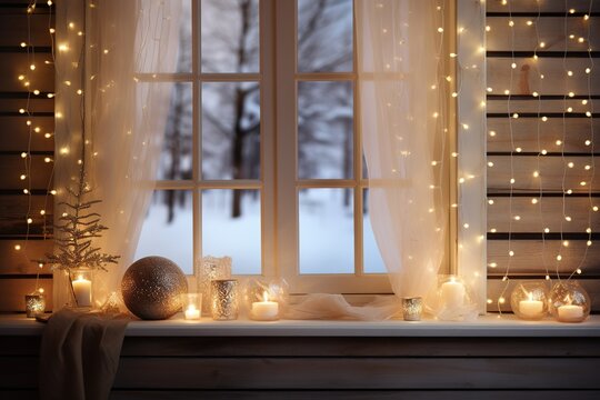 Weihnachtlich geschmücktes Fenster. Zimmer mit Deko zu Weihnachten, wie Lichterketten und Kerzen. Schnee-Dekoration im gemütlichen Wohnzimmer mit Lichtern.