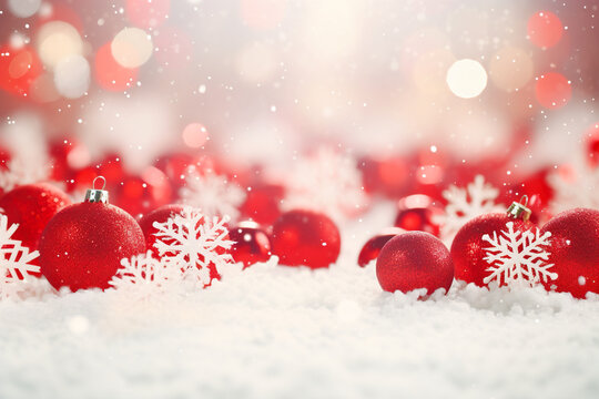Red Christmas balls with the image of snowflakes lie on the snow on background with lights bokeh.