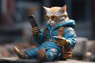 A cat wearing sunglasses is playing games on his mobile phone, generative ai - obrazy, fototapety, plakaty