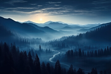 Mystical mysterious fog over the forest tops overlooking the mountains at sunset