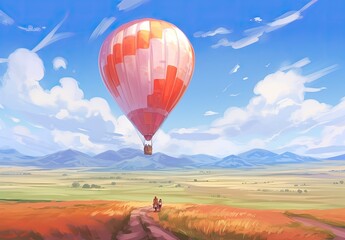 Obraz premium A bright hot air balloon flies over a beautiful landscape with plowed fields and forests on the horizon. The concept of motivation and inspiration for an active summer holiday. Illustration for design