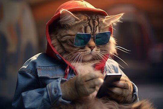 A cat wearing sunglasses is playing games on his mobile phone, generative ai