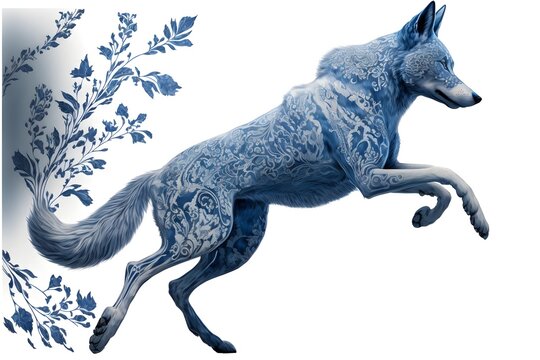incredibly detailed watercolor blue and white lace wolf pouncing on rabbit clipart smooth lines smooth curves unreal engine 