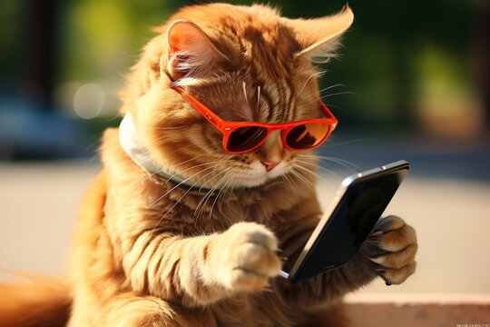 A cat wearing sunglasses is playing games on his mobile phone, generative ai