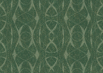 Hand-drawn unique abstract seamless ornament. Light green on a darker warm green background, with splatters of golden glitter. Paper texture. Digital artwork, A4. (pattern: p10-4b)