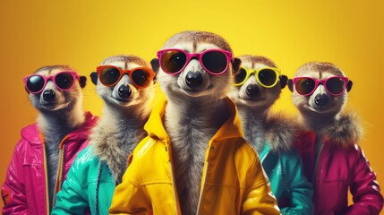 Meerkats dressed in sunglasses and jackets, posing for the camera