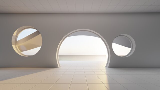 Architecture interior background room with sunset 3d render
