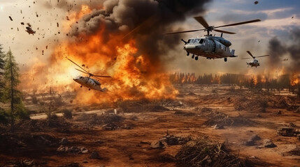Military forces and helicopters between fire and bombs in battle field