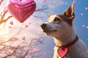 cute jack russell dog looking at a pink heart on the street. concept valentines day