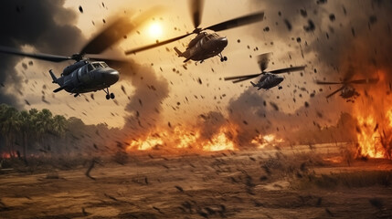 Military forces and helicopters between fire and bombs in battle field - obrazy, fototapety, plakaty