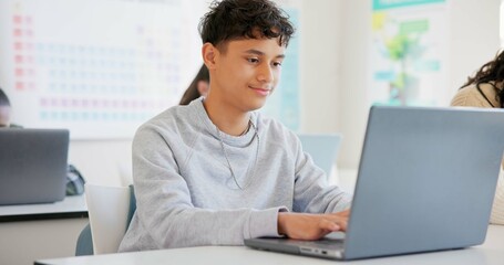 Fototapeta premium Man, student and laptop for school, elearning and studying or research in college or class. Teenager typing on computer for planning, classroom information and scholarship application or online FAQ