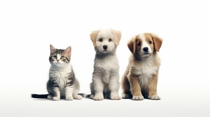 Fototapeta na wymiar Adorable puppies and a cute cat sitting together