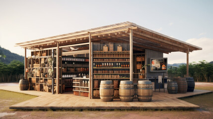 Design a small liquor store in Isaan Thailand made from materials available locally.generative ai