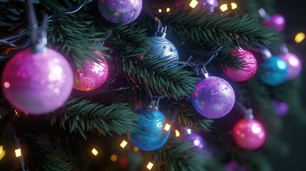 Obraz na płótnie Canvas Glossy glass christmas christmastree ball hanging from top upright. Christmas tree branches with ornaments. Generative AI. Illustration for banner, poster, cover, brochure, card or presentation.