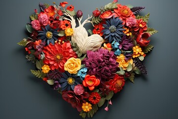 heart of fresh flowers on a dark blue background